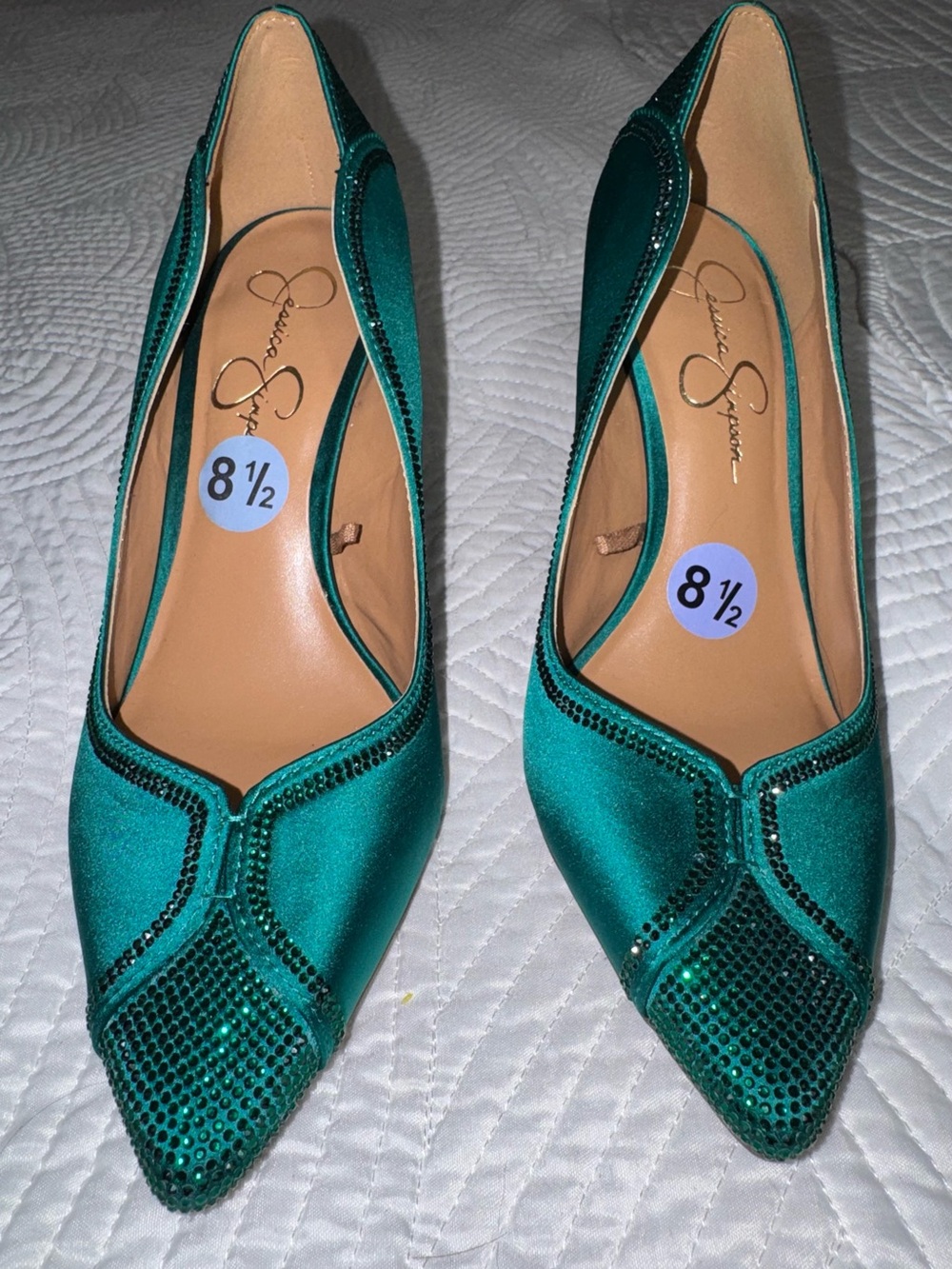 Jessica Simpson Emerald Green Satin Rhinestone Pumps Size 8.5M